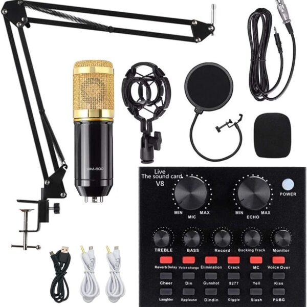 6144qpZbdpL._AC_SL1000_ V8 Condenser Microphone Bundle With BM-800 Live Sound Card,Adjustable Mic Suspension Scissor Arm, Metal Shock Mount and Double-Layer Pop Filter for Studio Recording & Broadcasting (Gold)