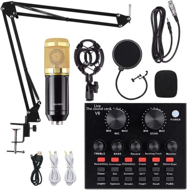 6144qpZbdpL._AC_SL1000_ V8 Condenser Microphone Bundle With BM-800 Live Sound Card,Adjustable Mic Suspension Scissor Arm, Metal Shock Mount and Double-Layer Pop Filter for Studio Recording & Broadcasting (Gold)