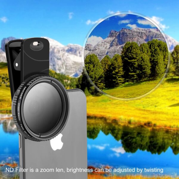 NEEWER 37mm Clip On ND2-ND400 Phone Lens ND Filter Kit: Adjustable Neutral Density Filter with Phone Clip Compatible with iPhone 14/14Pro/14Pro Max
