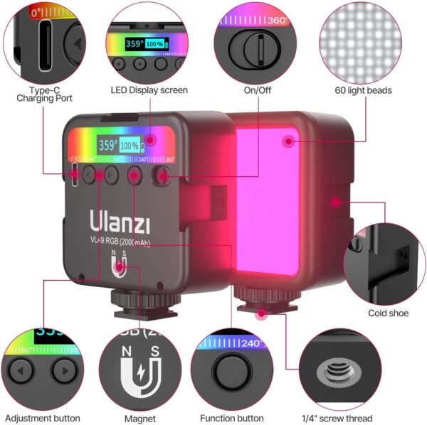 ULANZI VL49 RGB Video Lights, LED Camera Light 360° Full Color Portable Photography Lighting w 3 Cold Shoe, 2000mAh Rechargeable CRI 95+ 2500-9000K Dimmable..