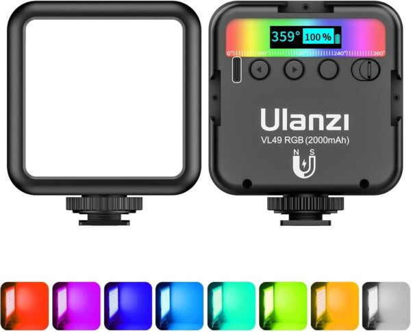 ULANZI VL49 RGB Video Lights, LED Camera Light 360° Full Color Portable Photography Lighting w 3 Cold Shoe, 2000mAh Rechargeable CRI 95+ 2500-9000K Dimmable..