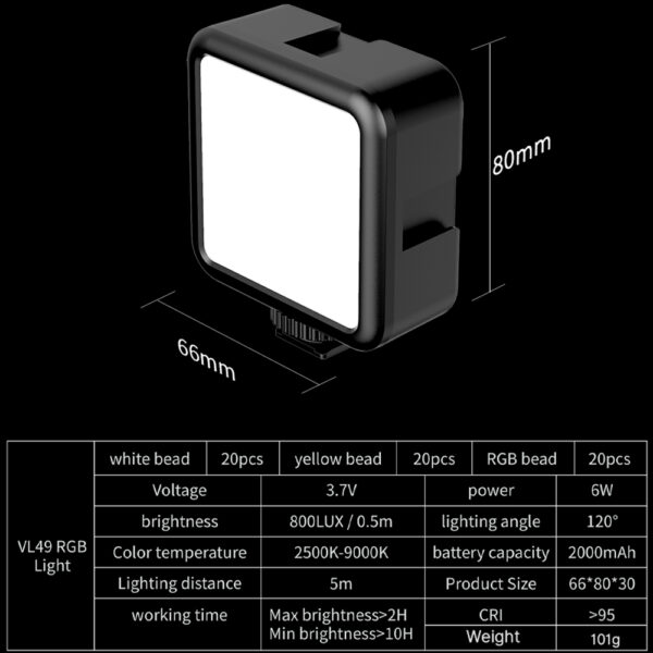 162e389854c33a Ulanzi VL49 RGB Pocket LED Video Light 2500K-9000K Lamp for Photography Studio