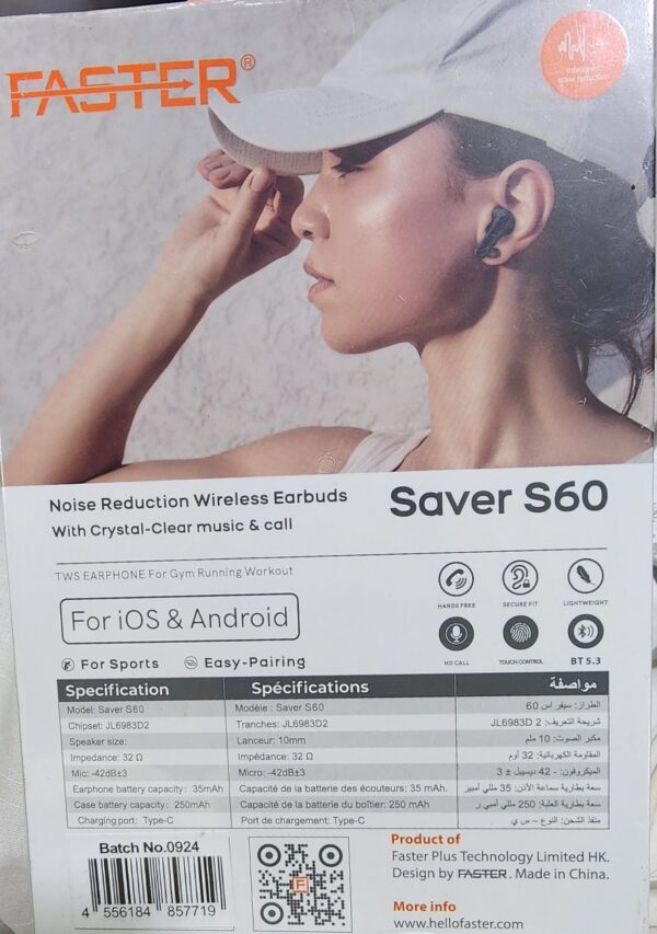 Faster-Saver S60 Earbuds  ANC/ENC Enhanced Noise Cancellation,TWS Wireless Bluetooth 5.4 Connectivity